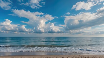 Sky and sea landscape with vibrant clouds over calm water at the beach during daytime with smooth waves and sandy shore