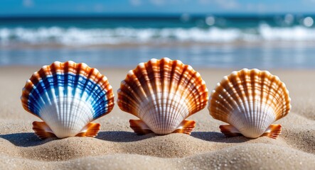 Three vibrant seashells arranged on sandy beach with ocean waves in the background and blue sky above.