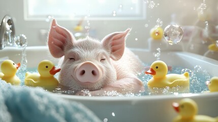 A pig relaxing in a bathtub, surrounded by rubber ducks and bubbles, totally enjoying spa time.