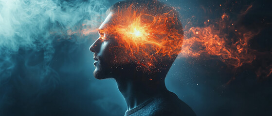 Conceptual portrait of a man with a vivid explosion of thoughts symbolizing creativity and imagination in a surreal atmosphere
