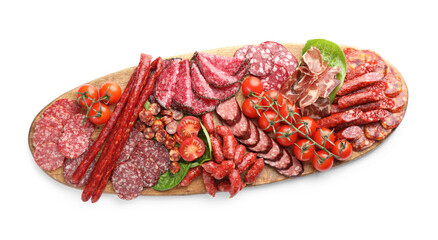 Different smoked sausages and other snacks isolated on white, top view