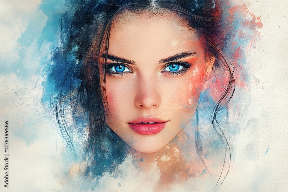 Aufkleber portrait of a woman with striking blue eyes surrounded by colorful abstract art in a creative settin