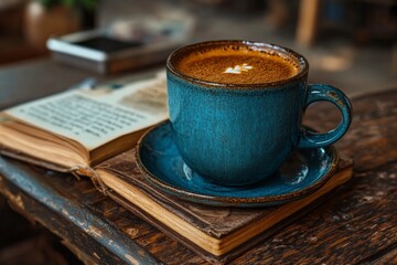 Warm coffee cup resting on an open book in a cozy cafe setting with soft natural light