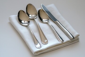 An elegant still life capturing polished silver cutlery - three spoons and a knife - arranged on a folded white linen napkin, reflecting a sense of refined dining.