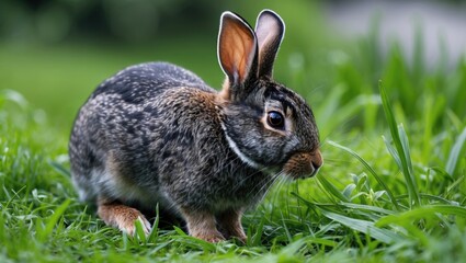 Fototapeta premium Wild rabbit sitting on green grass in a natural outdoor environment capturing details of fur and surroundings.
