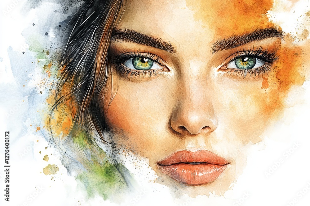 Poster young woman with captivating green eyes and soft features surrounded by watercolor splashes creating