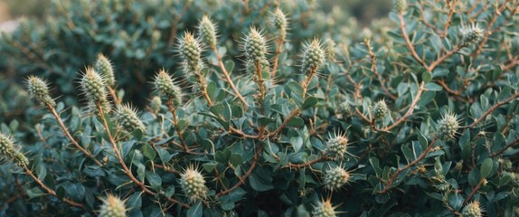 Close-up of spiky green foliage and buds on a bush displaying intricate detail in natural habitat.