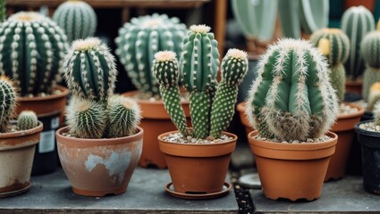 variety of cacti in terracotta pots arranged on a wooden table in a greenhouse setting