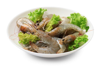 Fresh raw shrimps and lettuce isolated on white
