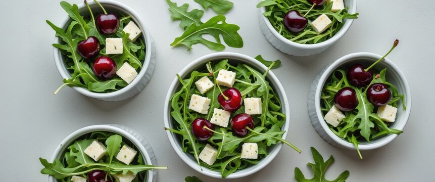 Salad bowls with arugula, cherry, and cheese cubes arranged on a light surface top view.