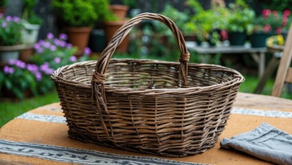 Woven wicker basket on wooden table in garden setting with blooming flowers and greenery in the background