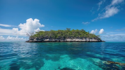 Tropical island surrounded by clear turquoise waters under a blue sky with white clouds in a scenic ocean landscape