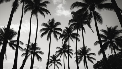 Silhouetted palm trees against a cloudy sky in black and white photography composition