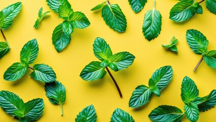 Fototapeta premium Fresh green mint leaves arranged on a vibrant yellow background for a lively and natural aesthetic design.
