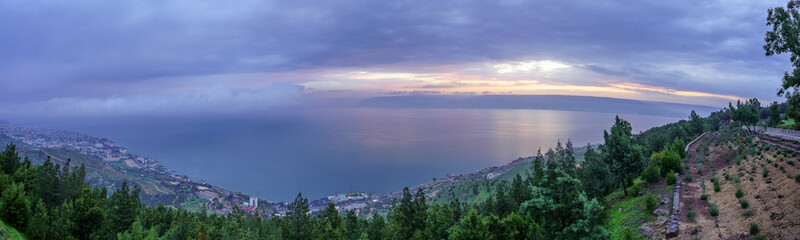 Panoramic sunrise view of the Sea of Galilee