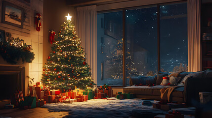 Cozy Christmas Eve Night Living Room with Decorated Tree and Presents