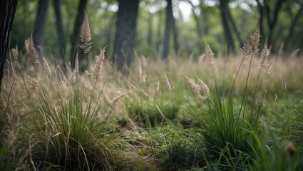 Tall grass and wild reeds in a tranquil forest environment with soft focus on the background greenery and trees