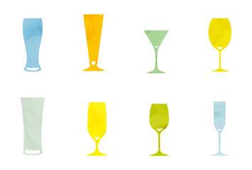 カクテルグラスの水彩イラストセット