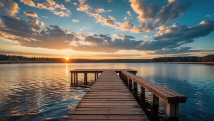 Obraz premium Wooden pier extending into calm lake at sunset with dramatic clouds and reflections on water surface