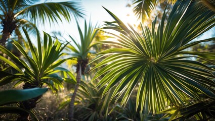 Fototapeta premium Tropical palm leaves illuminated by sunlight in a lush green environment with a blurred background creating a natural jungle atmosphere