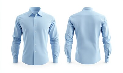 Blank light blue male formal shirt with long sleeves, template for your design mockup. Front and back view.