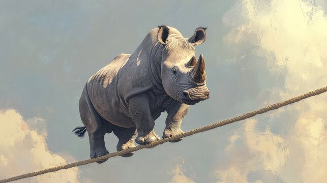 A rhino attempting to balance on a tightrope, sweating nervously as if it's part of a circus act.