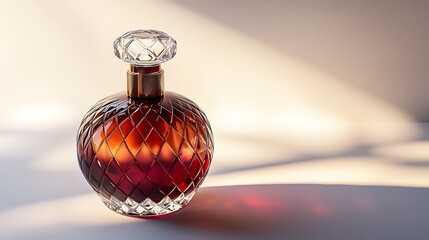 Luxurious faceted glass bottle showcasing rich amber liquid and crystalline stopper