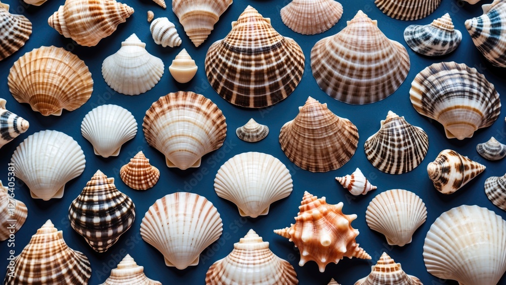 Poster various types of colorful seashells arranged on a blue background displaying diverse shapes patterns