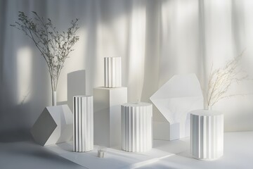 Obraz premium Arrangement of White Geometric Shapes and Dry Plants with Shadow Play