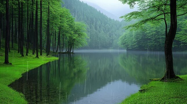 A peaceful forest lake surrounded by lush green trees on a misty day. Gentle rain creates ripples on the calm water, enhancing the tranquil and serene atmosphere of the untouched nature.