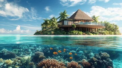 Tropical Island Retreat with Coral Reef Views and Thatched Roof Beachfront Villa Paradise Dream