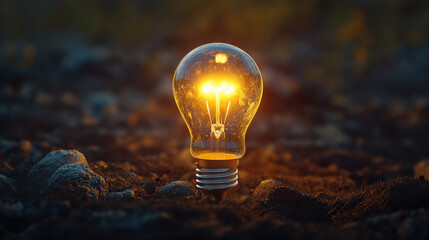Energy-efficient light bulb glowing in soil, promoting environmental awareness and sustainability