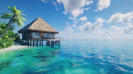 Tropical Oasis Bungalow Getaway Relaxation Under Blue Skies and Fluffy White Clouds Over Azure Waters