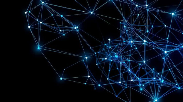 Abstract video of interconnected blue lines and dots on a dark background, captured from a side angle, showcasing a digital network concept.