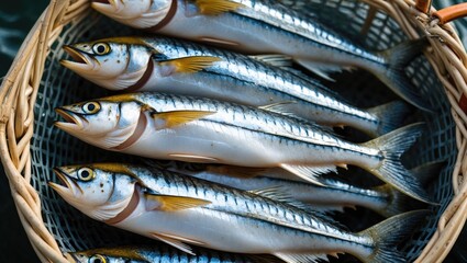 Freshly caught fish displayed in a woven basket showing silvery scales and yellow accents on fins captured in natural lighting