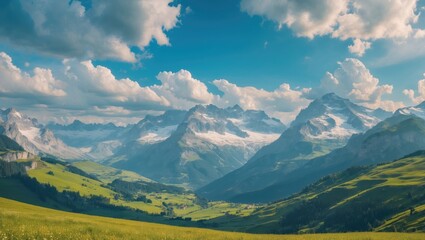 Obraz premium Mountain landscape with green meadows, snow-capped peaks, and dramatic cloud formations under blue sky.