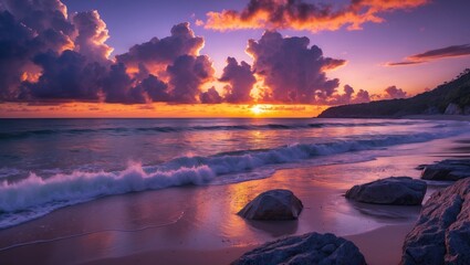 Sunset over rocky beach with waves crashing on shore and vibrant clouds reflecting purple and orange hues in the sky