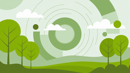 A vibrant and playful abstract landscape featuring stylized trees and circular patterns with a green and white color palette, symbolizing nature, calmness, and growth.
