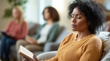 Social media rumors affecting a woman at a book club. Featuring concern and distraction