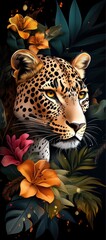 Naklejka premium Leopard portrait, tropical flowers, dark background; wildlife art, phone wallpaper