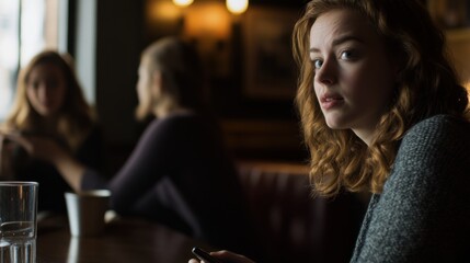 Social media rumors affecting a woman at a book club. Featuring distraction and concern