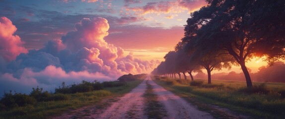 Sunset landscape with dirt road flanked by trees and colorful clouds in the sky during twilight hours