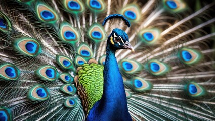 Obraz premium Peacock displaying vibrant plumage with colorful feather patterns in natural habitat close-up detail