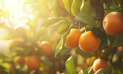 The background features tangerine fruits hanging on the tree, with blurred greenery in the natural setting. 