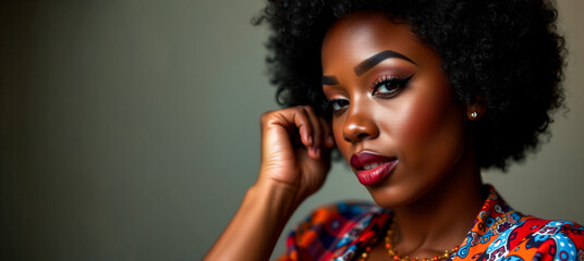 Fototapeta premium a woman sitting at a table with her hand on her face and looking at the camera