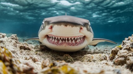 A shark giving a toothy, awkward smile, trying to look friendly but failing hilariously.