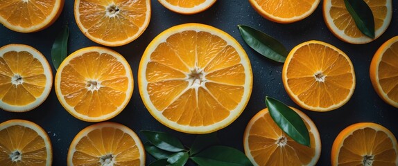 Freshly sliced oranges arranged on a dark surface with green leaves for a vibrant and colorful composition.