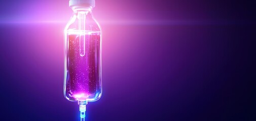 A close-up view of a glowing intravenous drip bag filled with vibrant purple liquid, illuminated by colorful lights, creating an ethereal atmosphere and highlighting its medical si