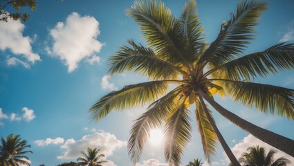 Palm trees under a clear blue sky with fluffy clouds and sunlight filtering through the leaves at tropical beach setting