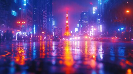Obraz premium Rainy Night Cityscape, Tower, Reflections, Traffic, Blur